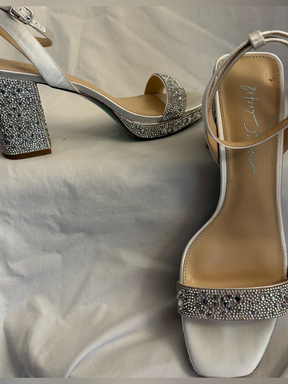 Betsey Johnson Silver Rhinestone Block Heel Sandals